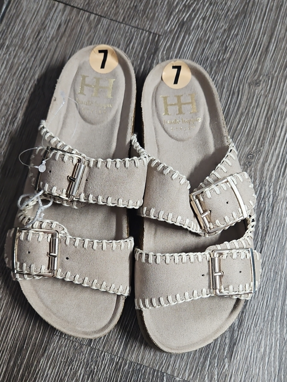 Haute Hippie Taupe Suede Double-Buckle Slide Sandals